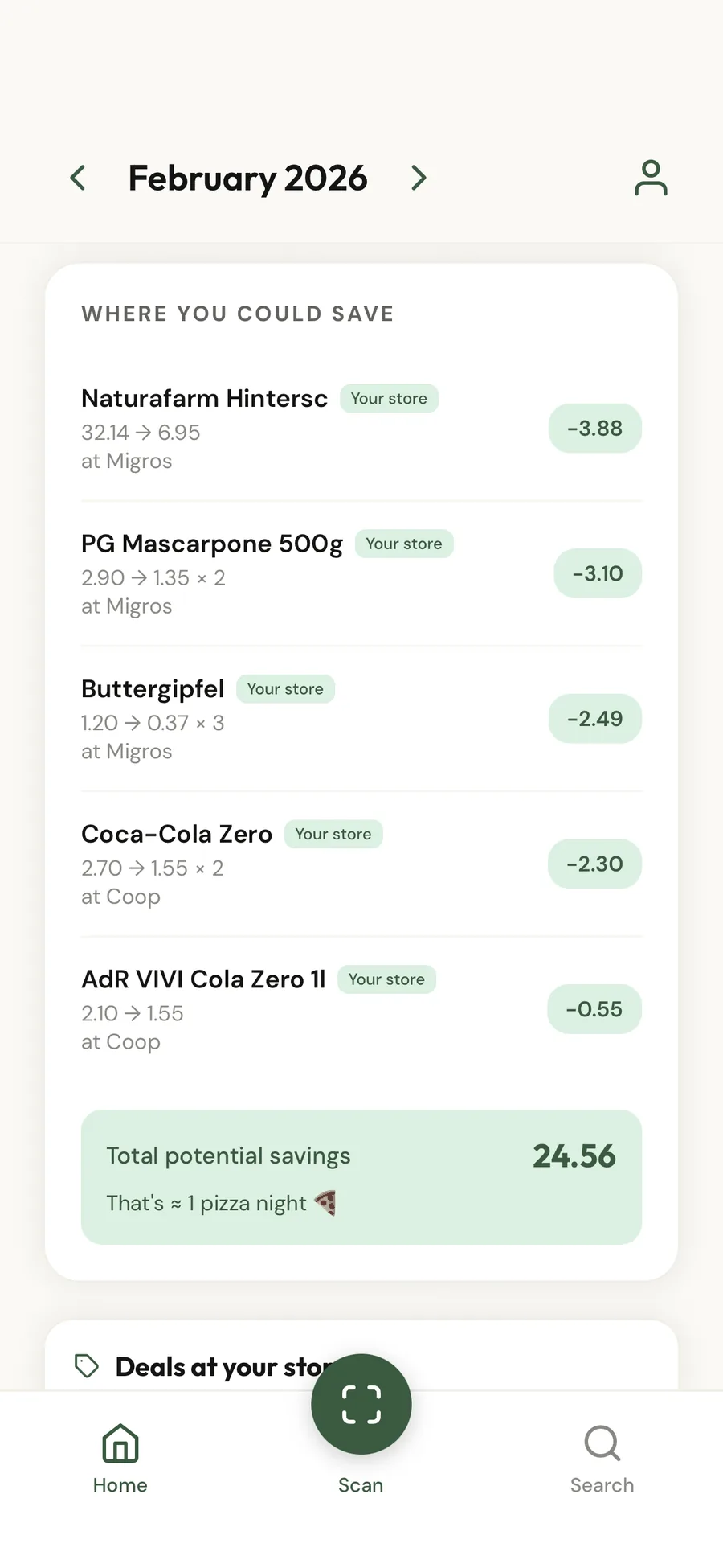 Savings opportunities screen